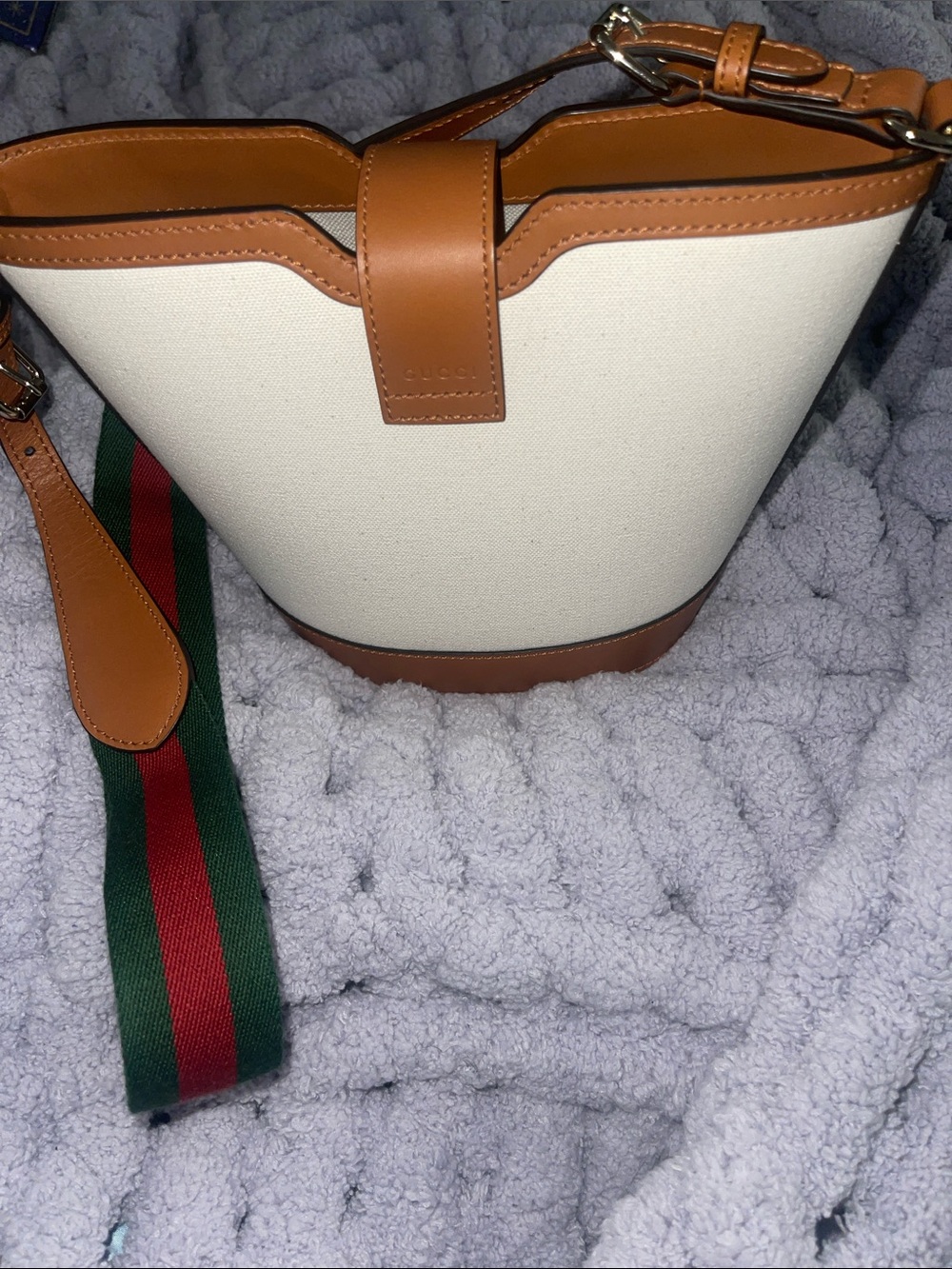 Gucci Canvas Bucket Bag with Tan Leather and Sherry Line Strap - Picture 3 of 5